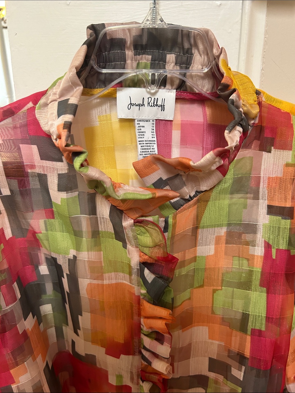 Joseph Ribkoff Size 10 Pixelated Geometric Ruffle-Front Sheer Blouse - Picture 7 of 16